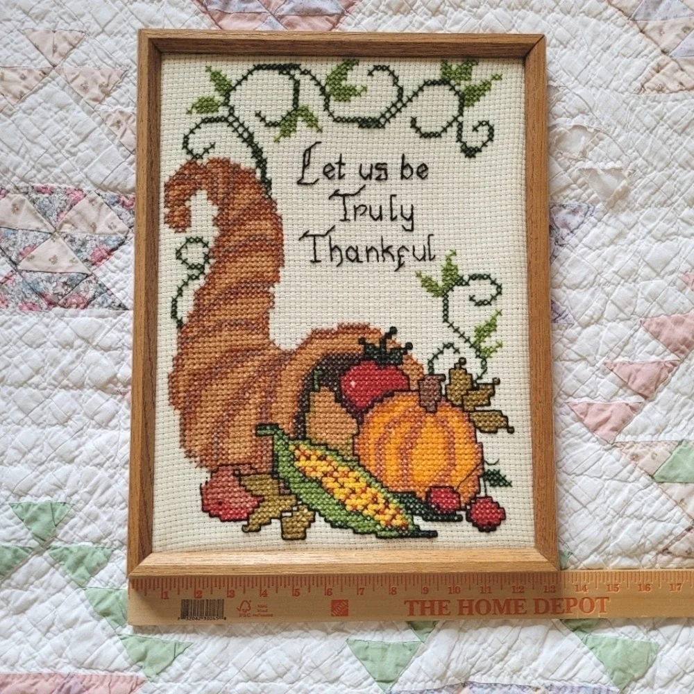 Vintage Framed Cross Stitch Cornucopia Let Us Be Truly Thankful Thanksgiving Art